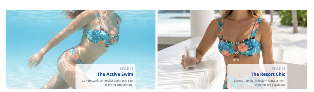 Amazon lifestyle image of a floral swimsuit with an AI-generated tropical beach background.