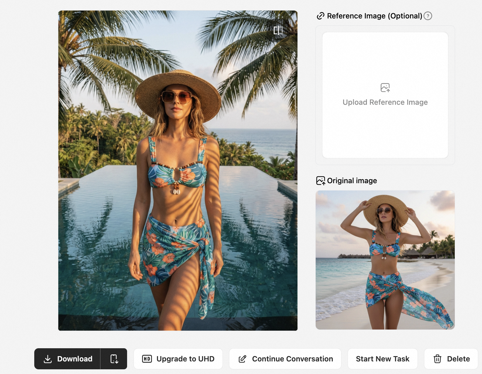 Move the model to a Bali infinity pool with palm tree shadows about fashion catalog Move the model to a Bali infinity pool with palm tree shadows about fashion catalog