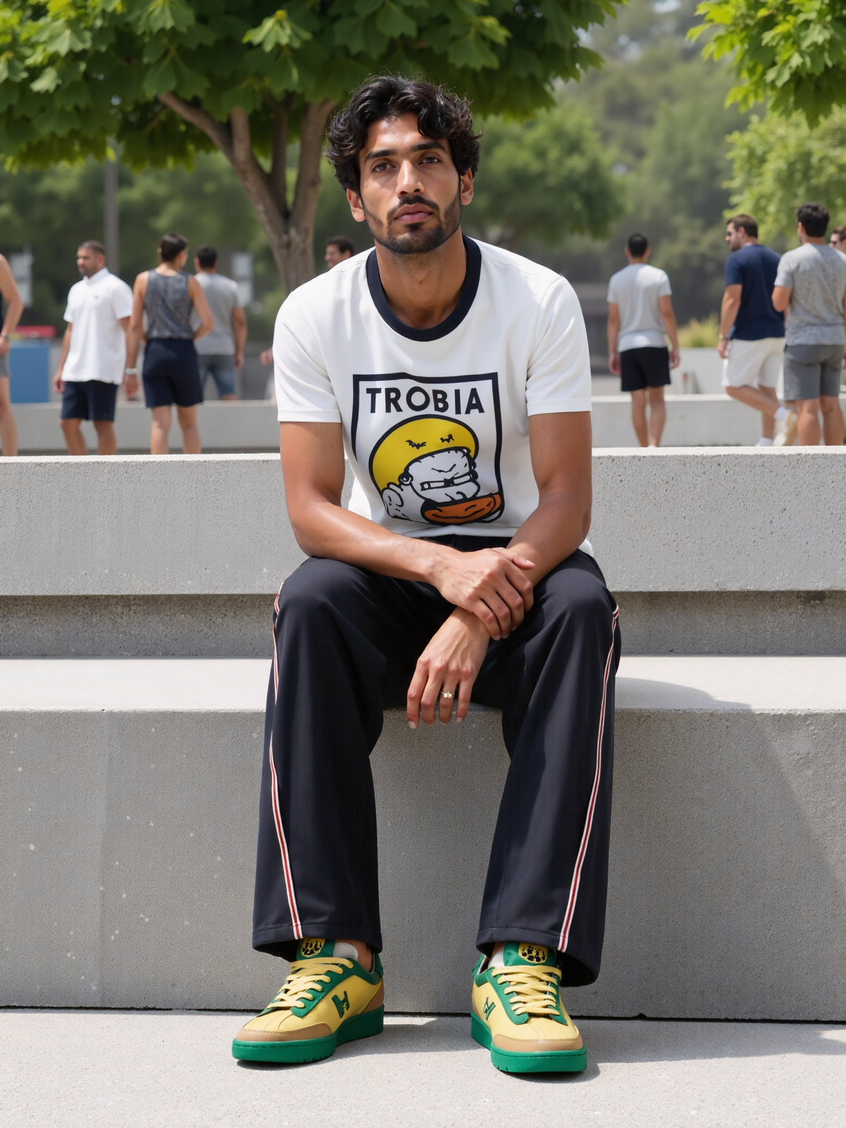 Green and Yellow Low-top Sneakers on model with cuffed pants in concrete steps, 45-degree angle.