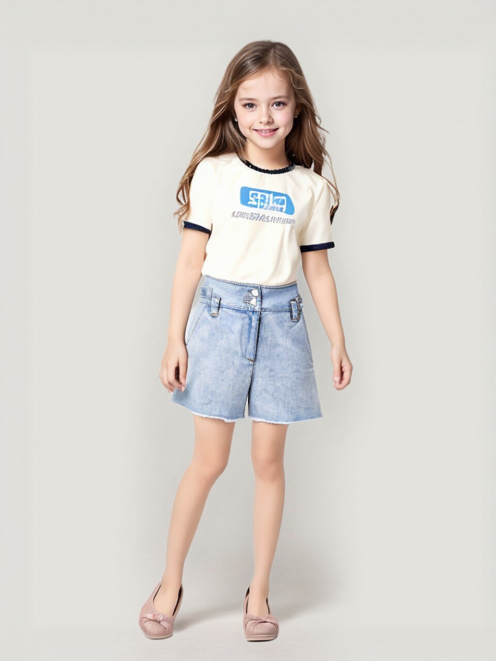 Professional Put Clothes on Model AI for Children's Clothing with Child Model featuring Studio Model wearing Children's Clothing Sets in Minimalist Studio, Professional style.