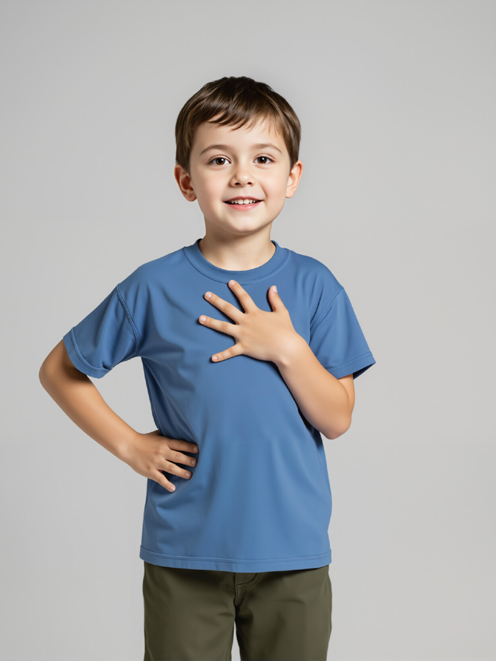 Professional Put Clothes on Model AI for Kids T-shirts with Child Model featuring Studio Model wearing Children's T-Shirt in Minimalist Gray Studio, Professional style.