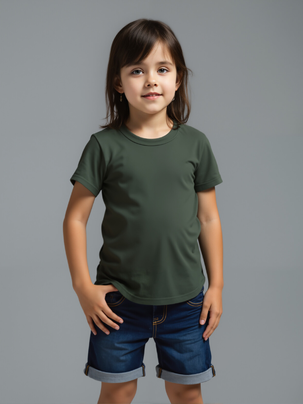 Professional AI Product Photography for Kids T-shirt & Shorts with Child Model featuring Studio Model wearing Kids T-Shirts in Minimalist Gray Studio, Professional style.