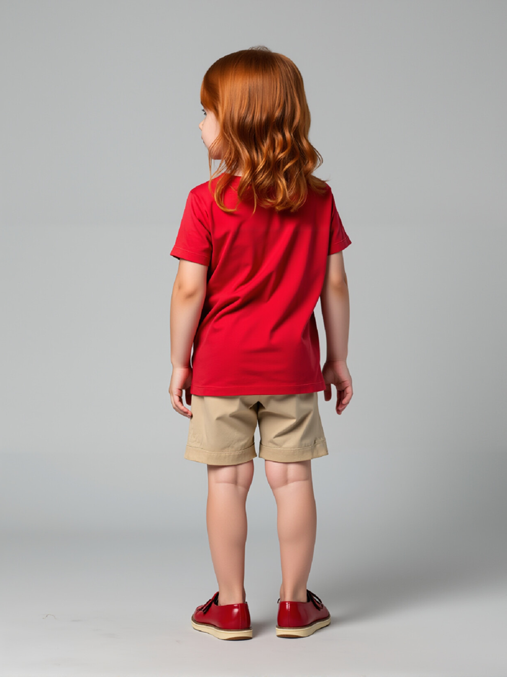 Professional Flat Lay to Model AI for Children's Clothing with Child Model featuring Studio Model wearing T-Shirts & Shirts in Minimalist Gray Studio, Professional style.