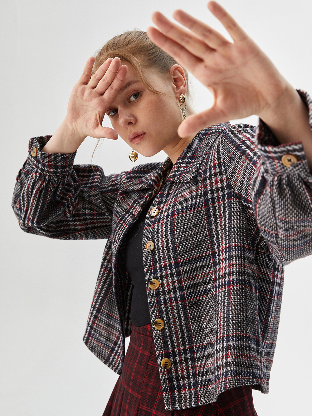 Professional Ghost Mannequin to Model for Women's Plaid Blazer with Studio Model featuring Studio Model wearing Blazers in Minimalist White Studio, Luxurious style.