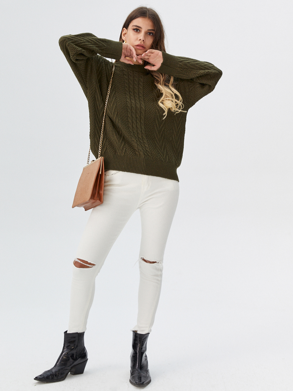 Professional Put Clothes on Model AI for Sweaters with Studio Model featuring Studio Model wearing Sweaters in Minimalist White Studio, Professional style.