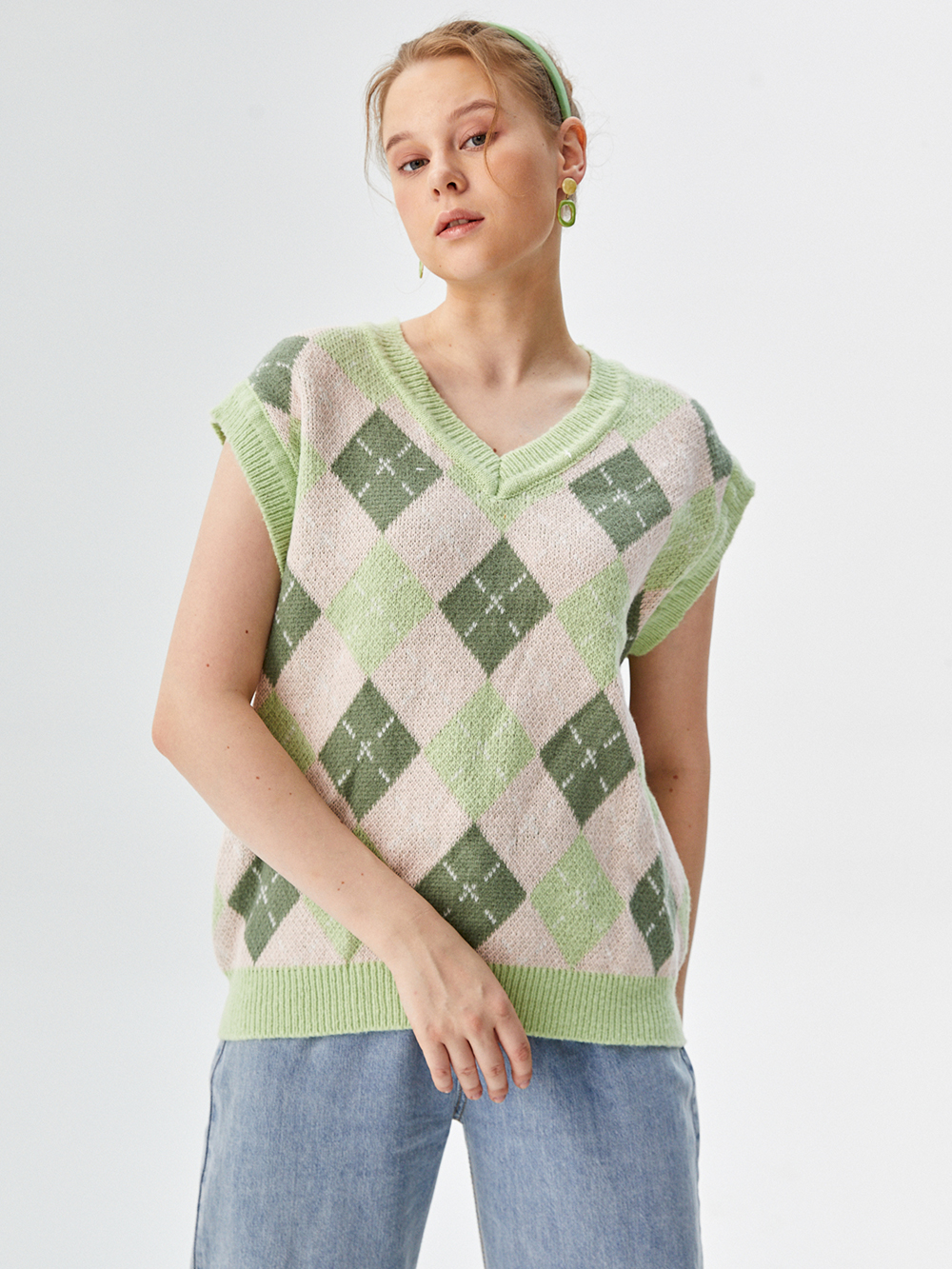 Professional Ghost Mannequin to Model for Argyle Sweater Vests with Studio Model featuring Studio Model wearing Sweater Vests in Minimalist White Studio, Professional style
