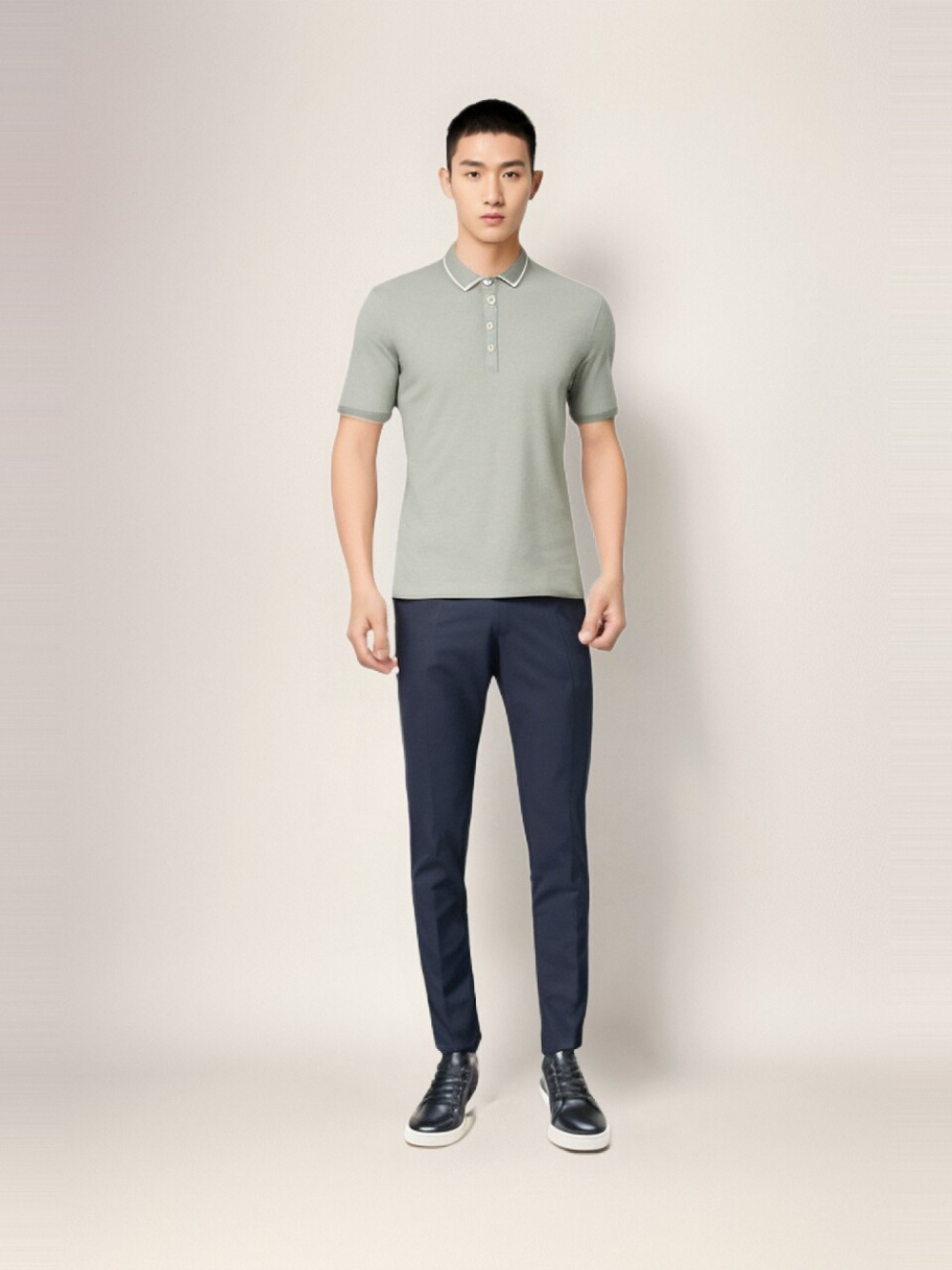 Professional Put Clothes on Model AI for Men's Polo Shirts with Studio Model featuring Studio Model wearing Men's Polo Shirts in Minimalist White Studio, Professional style.
