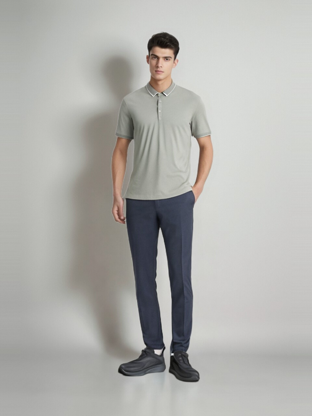 Professional Put Clothes on Model AI for Men's Casual Wear with Studio Model featuring Studio Model wearing Polo Shirts in Minimalist White Studio, Professional style.