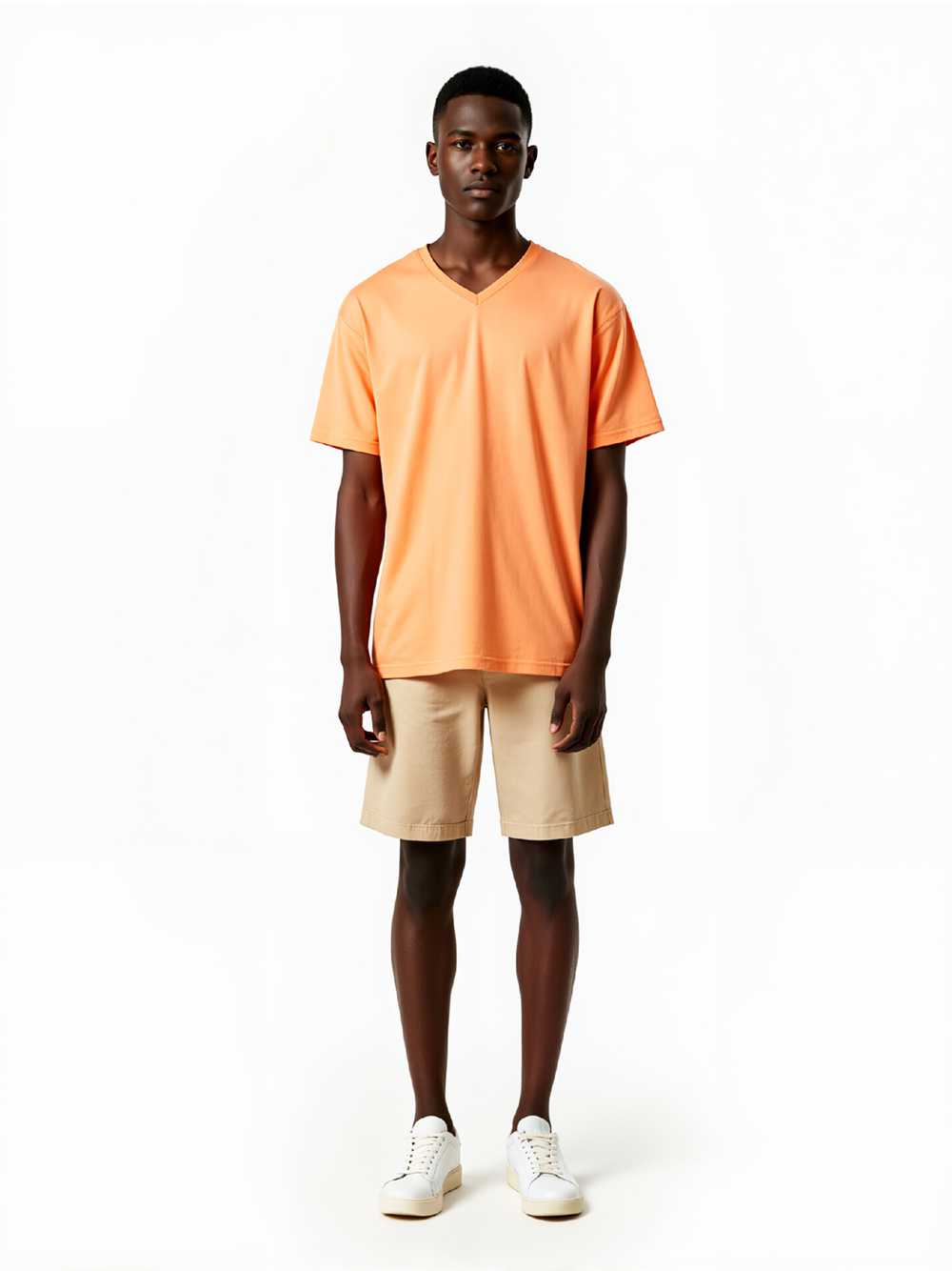 Professional Put Clothes on Model AI for T-shirts with Black Male Model featuring Black Model wearing T-shirt in Minimalist White Studio, Professional style.