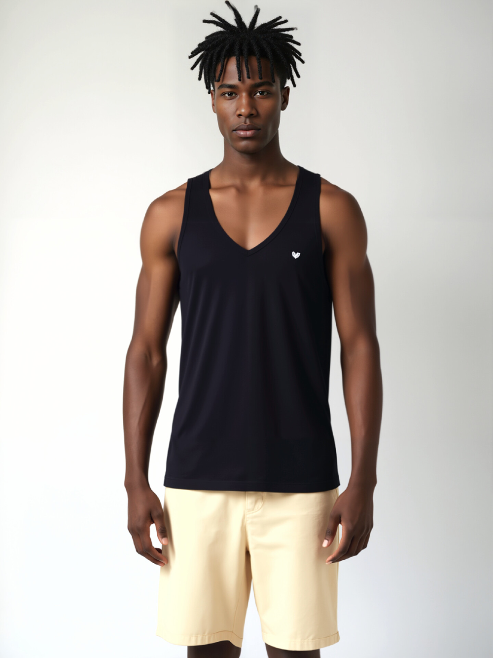 Professional Ghost Mannequin to Model for Tank Top with Black Model featuring Black Model wearing Tank Top in Minimalist White Studio, Professional style.
