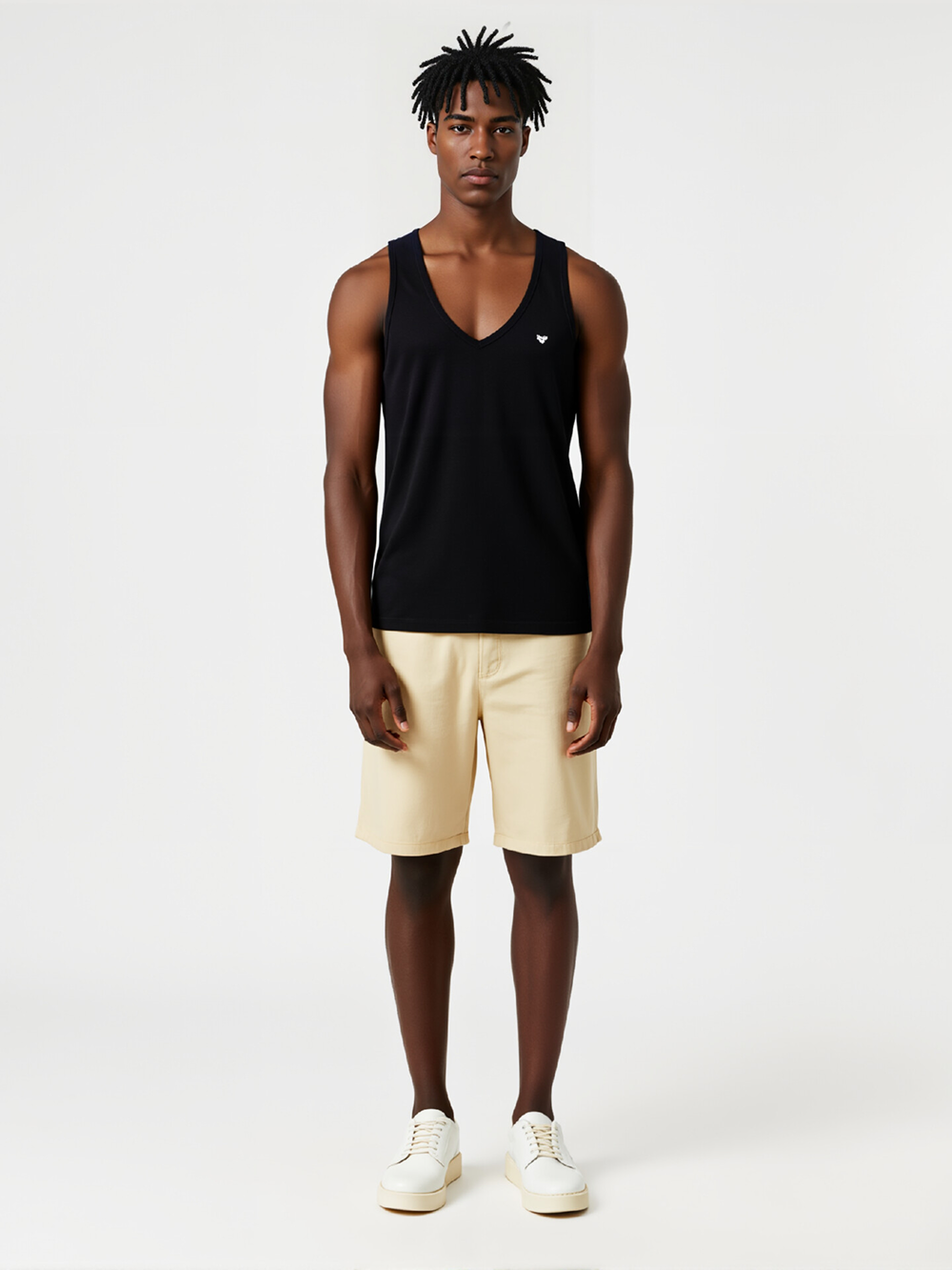 Professional AI Fashion Photography for Men's Tank Top with Black Model featuring Black Model wearing Tank Tops in Minimalist White Studio, Professional style.