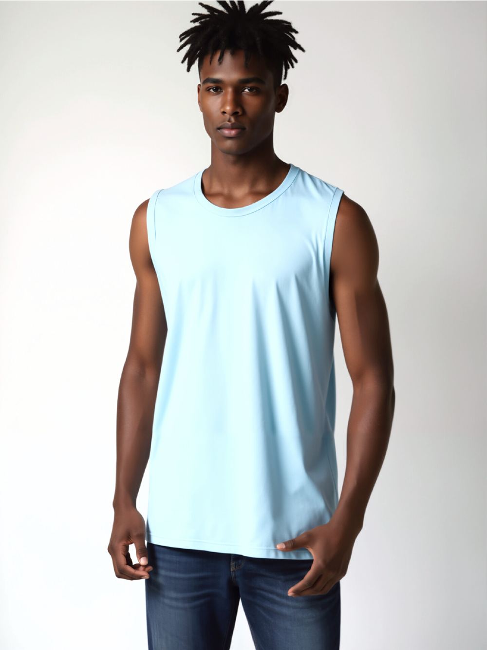 Professional Ghost Mannequin to Model for Tank Tops with Black Model featuring Black Model wearing Tank Top in Minimalist White Studio, Professional style.