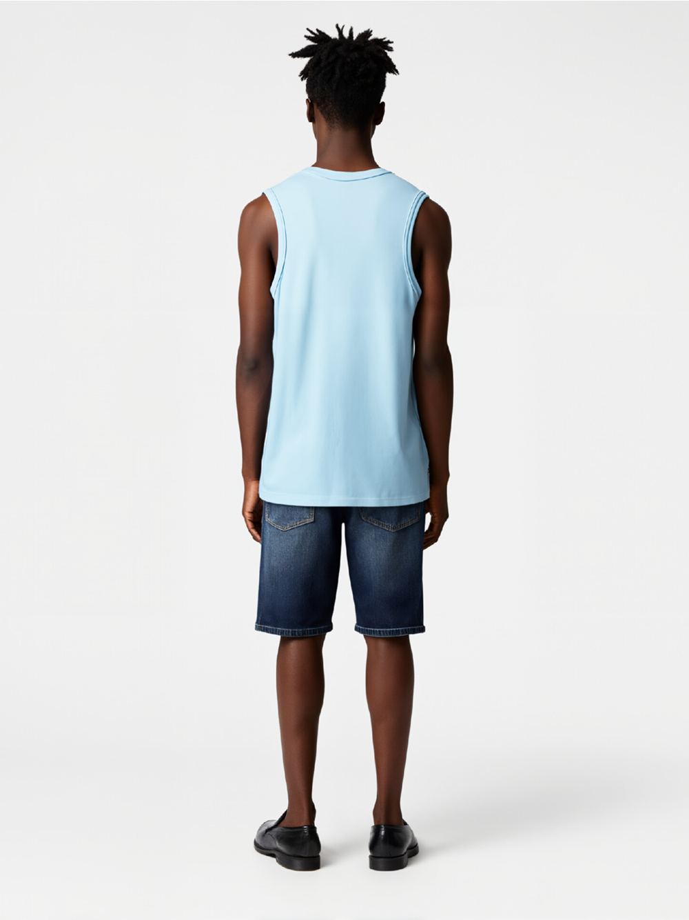 Professional Ghost Mannequin to Model for Sleeveless Shirts with Black Male Model featuring Black Model wearing Tank Tops in Minimalist White Studio, Professional style.