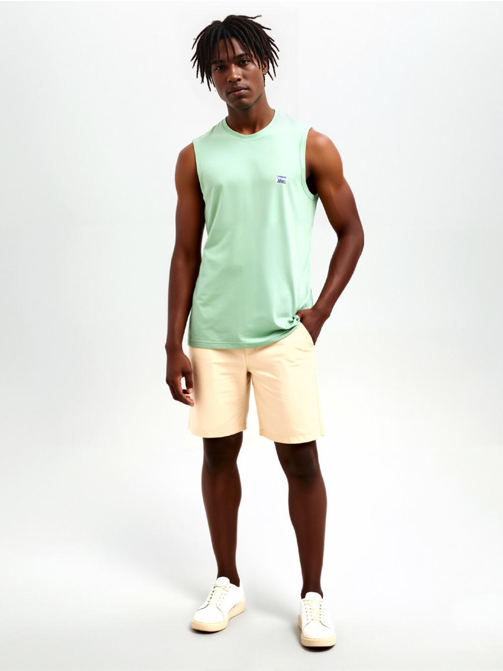 Professional Put Clothes on Model AI for Sleeveless Top with Black Model featuring Black Model wearing Sleeveless Top in Minimalist White Studio, Professional style.